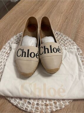 Chloé Beige Canvas & Leather Logo Espadrilles size 36